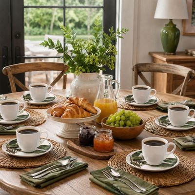 Jogo 6 Xícaras Café 120ml com Pires Bio Bananê Porto Brasil Cerâmica Branca com Folhagens
