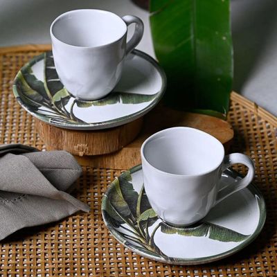 Jogo 6 Xícaras Café 120ml com Pires Bio Bananê Porto Brasil Cerâmica Branca com Folhagens