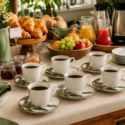 Jogo 6 Xícaras Café 120ml com Pires Bio Bananê Porto Brasil Cerâmica Branca com Folhagens