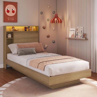 Cama de Solteiro 90 Suspensa com Ilunimação em Led e Organizador na Cabeceira Cancun Cor Mel
