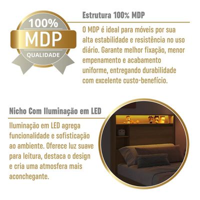 Cama de Solteiro 90 Suspensa com Ilunimação em Led e Organizador na Cabeceira Cancun Cor Mel