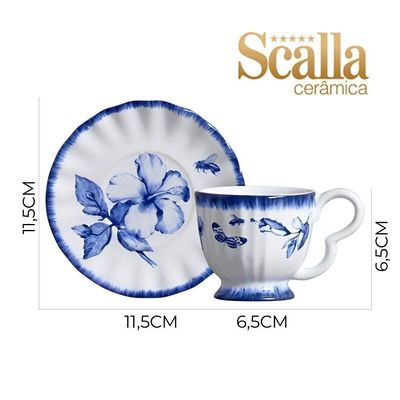 Jogo 2 Xícara De Café Cerâmica Azul E Branca Demoiselle Scalla 100ml