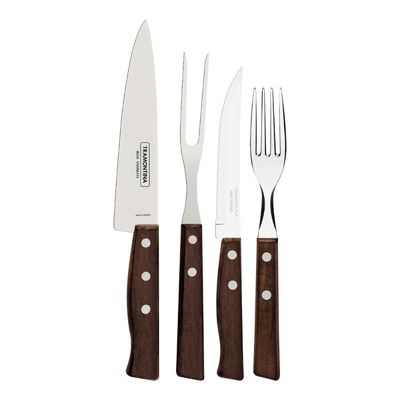 Jogo de Talheres Churrasco Tramontina Aço Inox Madeira Natural 14 Peças