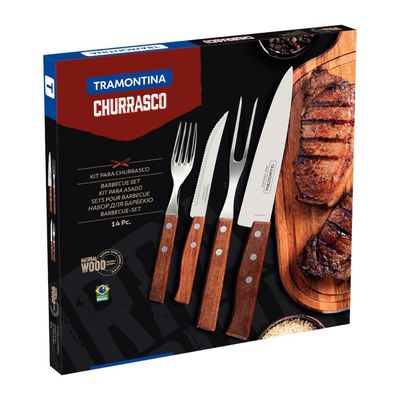 Jogo de Talheres Churrasco Tramontina Aço Inox Madeira Natural 14 Peças