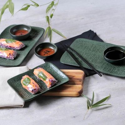 4 Prato Sushi Travessas Cerâmica Juta 27x16cm Verde Marinho Sashimi Porto Brasil