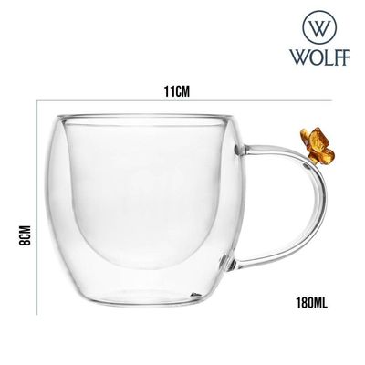 Xícara De Café 80ml Borboleta Parede Dupla Vidro Transparente Sun Garden Wolff