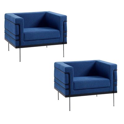 Poltrona Decorativa Base de Aço Preto Jeanneret-Gris Linho Azul Marinho - Gran Belo