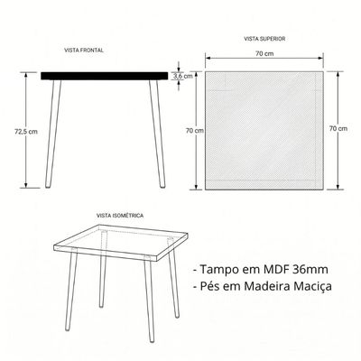 Mesa Jantar Quadrada Safira 70cm MDF Camurça Pés Pretos