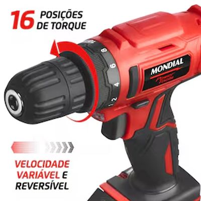 Parafusadeira e Furadeira Power Tools FPF-06M Mandril 10mm Maleta Bateria 12V Bivolt Mondial Vermelho com Preto / Bivolt