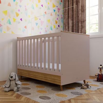 Conjunto Quarto Infantil Ternura Cômoda 5 Gavetas Berço 2 em 1 Guarda-Roupa 2 Portas Colchão Herval Espuma D18 Bartira Rosa Wood