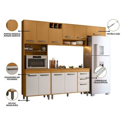 Cozinha com Balcão 11 Portas Acetinado Poliman Móveis Freijó/Off White