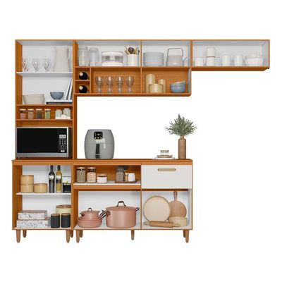 Cozinha com Balcão Sicília 10 Portas Acetinado Poliman Móveis Freijó/Off White
