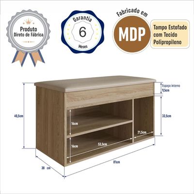 Sapateira Baú OAK com Tampo Estofado 81x38x48 cm Completa Móveis