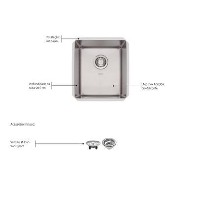 Cuba de Embutir Quadrum 34U Tramontina 34x40x20cm Aço Inox Acetinado Outlet