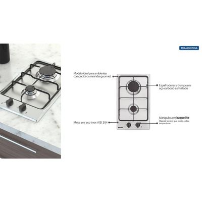 Cooktop a Gás Tramontina Dominó 2GX 30 em Aço Inox 2 Queimadores