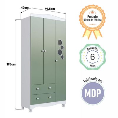 Guarda Roupas Infantil 3 Portas e 2 Gavetas 91x40x198 cm Branco e Verde Completa Móveis