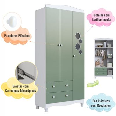 Guarda Roupas Infantil 3 Portas e 2 Gavetas 91x40x198 cm Branco e Verde Completa Móveis