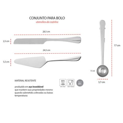 Espatula Faca de Bolo e Colher Medidora Aço Inox Jogo 3un