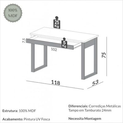 Mesa de Escritório 1 Gaveta em MDF 118x53x75cm Dalla Costa Off White Freijó