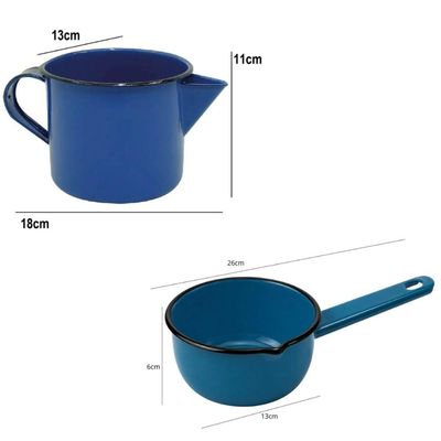Conjunto Caneca Leiteira com Bico e Panela Papeiro Aço Esmal Azul