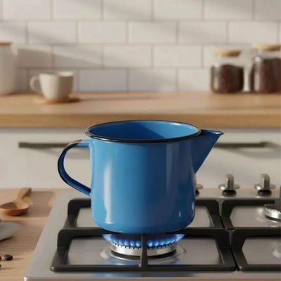 Conjunto Caneca Leiteira com Bico e Panela Papeiro Aço Esmal Azul