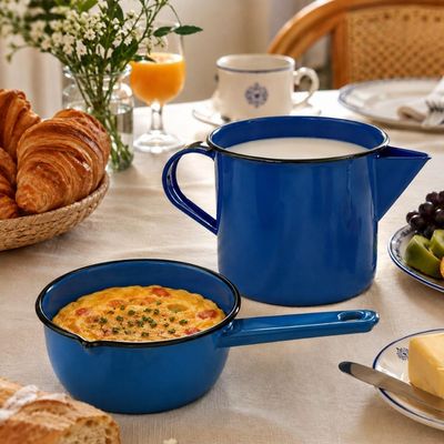 Conjunto Caneca Leiteira com Bico e Panela Papeiro Aço Esmal Azul