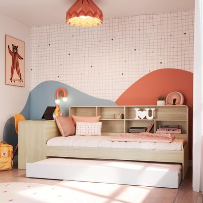 Cama Infanto Juvenil com Escrivaninha Estante e Cama Auxiliar Solteiro Carvalho e Branco Completa Móveis