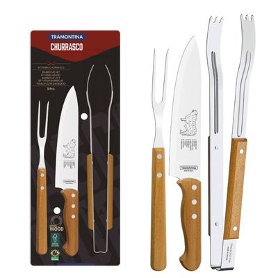 Jogo para Churrasco Tramontina em Aço Inox e Madeira 3 Peças