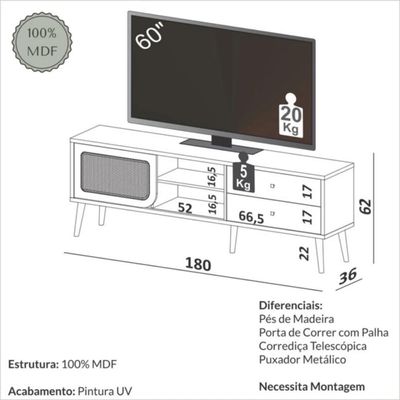 Rack Tela 180cm com Porta de Correr e 2 Gavetas Carvalho Rosé Dalla Costa