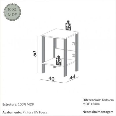 Mesa Auxiliar em MDF 40x44x60 cm Branco Freijó Dalla Costa F14