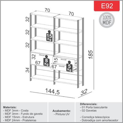 Estante para Livros  2 Gavetas 1 Porta Freijó/Preto Fosco 145 x 32 x 185 cm Dalla Costa E92