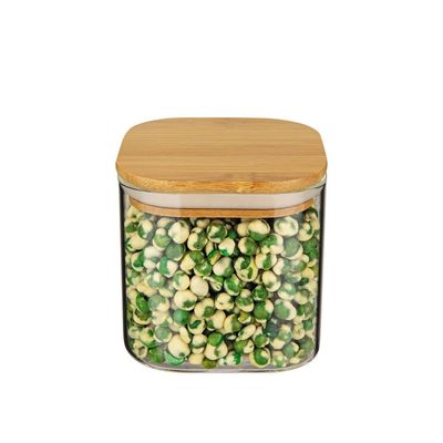 Pote Quadrado Slim Euro Home Vidro Borossilicato com Tampa de Bambu 650ml Transparente