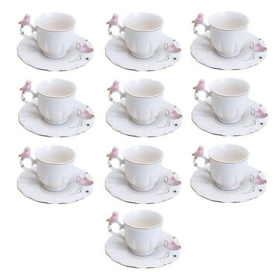 Jogo 10 Xícara De Café Porcelana Rosa E Branca Birds Pássaro Com Pires 100ml Wolff