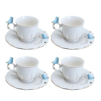 Jogo 4 Xícara De Café Porcelana Birds Azul E Branca Fio Dourado Pássaro Com Pires 100ml Wolff