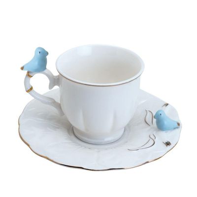 Jogo 4 Xícara De Café Porcelana Birds Azul E Branca Fio Dourado Pássaro Com Pires 100ml Wolff