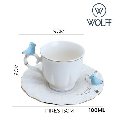 Jogo 4 Xícara De Café Porcelana Birds Azul E Branca Fio Dourado Pássaro Com Pires 100ml Wolff