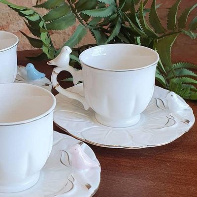 Jogo 8 Xícara De Café Porcelana Birds Branca Fio Dourado Pássaro Com Pires 100ml Wolff
