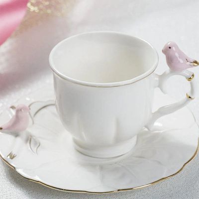 Jogo 10 Xícara De Café Porcelana Rosa E Branca Birds Pássaro Com Pires 100ml Wolff