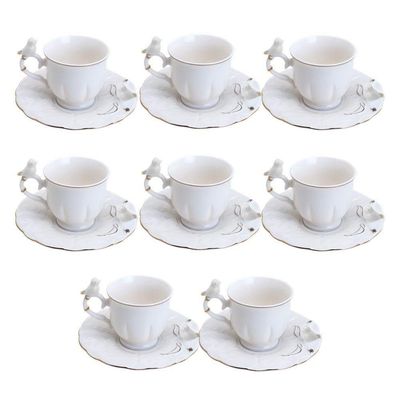 Jogo 8 Xícara De Café Porcelana Birds Branca Fio Dourado Pássaro Com Pires 100ml Wolff