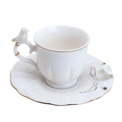 Jogo 8 Xícara De Café Porcelana Birds Branca Fio Dourado Pássaro Com Pires 100ml Wolff