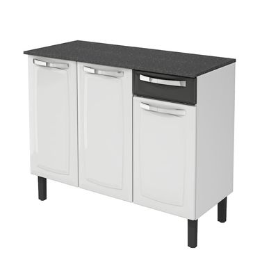 Balcão de Cozinha Rose 3 Portas 1 Gaveta Aço 105cm com Tampo Itatiaia Branco com Preto