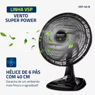 Ventilador de Mesa Super Power 40cm VSP40 B 6 Pás 3 Velocidades Mondial Preto / 110V