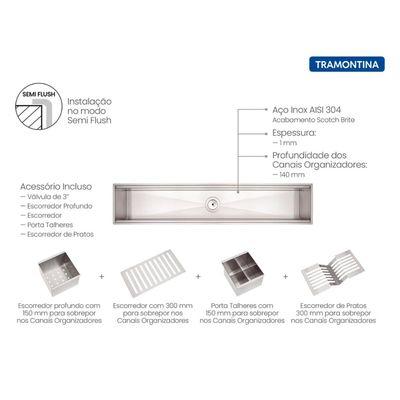 Canal Organizador Tramontina Aço Inox Acetinado 90x18cm com Acessórios