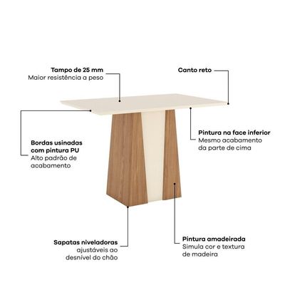 Conjunto Sala de Jantar Layla Smart 4 Lugares Tampo MDF Cadeiras Estofadas Off White 120CM Casa 812