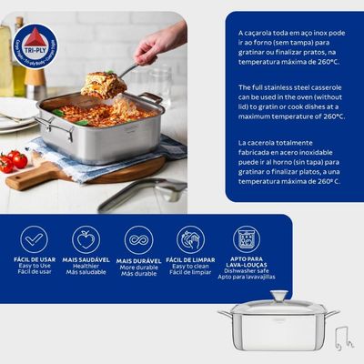 Caçarola Tramontina Grano Quadrada Aço Inox Suporte para Tampa 4 L