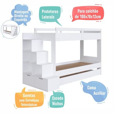 Treliche Infantil Branco Escada Lateral Nichos Gavetas e Cama Auxiliar Completa Móveis