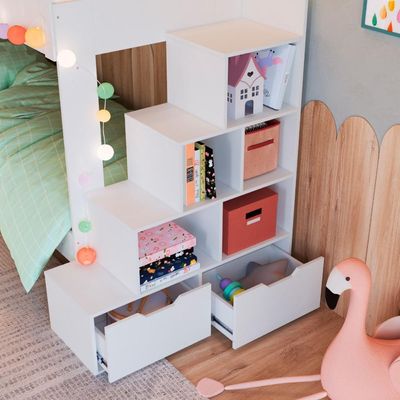 Treliche Infantil Branco Escada Lateral Nichos Gavetas e Cama Auxiliar Completa Móveis