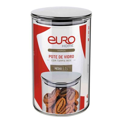 Pote de Vidro Slim VDR6866 1L Tampa Inox Fechamento Hermético Design Moderno Euro Home Transparente