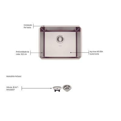 Cuba de Embutir Quadrum 50 Tramontina 50x40x20 cm em Aço Inox Acetinado OUTLET