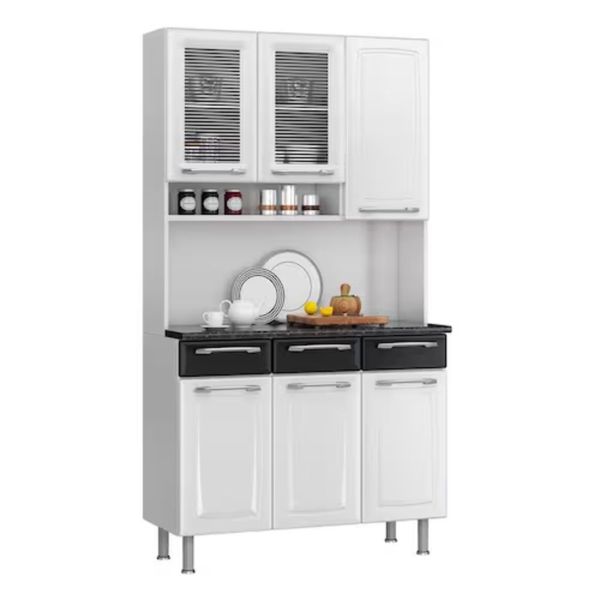Conjunto de Cozinha Compacta Itatiaia Prisma 6 Portas 3 Gavetas 1 Nicho e Balcão de Apoio Aço Branco e Preto